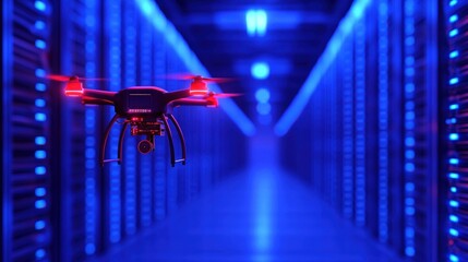 a drone navigates through a high-tech server room, with rows of illuminated server racks casting a b