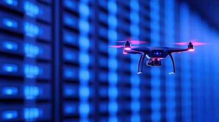 Wall Mural - A drone flies through a modern data center filled with rows of illuminated server racks. The vibrant blue lights create a futuristic atmosphere as the device captures data storage operations