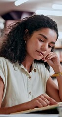Poster - Woman, student and study with reading book in library for knowledge, research and information on project. Person, textbooks and exam preparation, university assessment and learning of academic growth