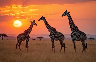 three giraffes against african sunset. nature photo of wild animals in african savanna. giraffes at 