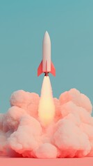 Wall Mural - Retro-Style Rocket Launching into Space Pink and Blue with Dramatic Cloud Effects and Abstract Artistic Render