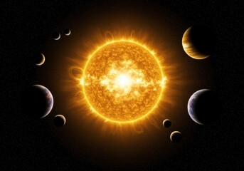 Wall Mural - Majestic depiction of the sun surrounded by several planets in the dark expanse of outer space.
