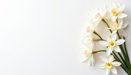 Fototapete - Top view bouquet white daffodil flowers on white background. Spring blossom, floral arrangement, seasonal decor, space for text. Fresh spring background, greeting card, easter card design.
