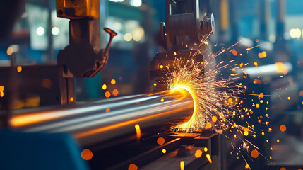 Poster - Industrial steel rolling process creates sparks in factory Generative AI
