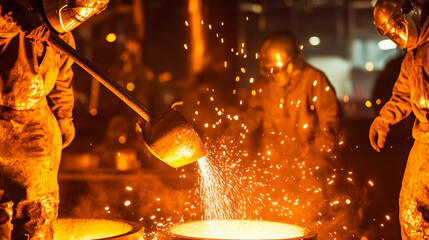 Fototapete - Molten metal pours from ladle into metal casting Generative AI