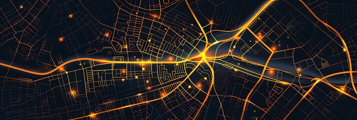 Abstract digital city map glowing with orange light trails on roads and nodes against a dark background. Concept for navigation, data flow, or smart city tech.
