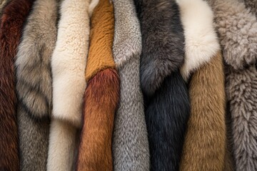 various luxurious fur coats in different colors and textures are displayed.