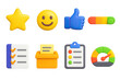 © Olha - 3D icon set of customer finance feedback: feedback star, smile face, thumbs up, rating bar, review sheet, suggestion box, survey icon, client satisfaction meter.