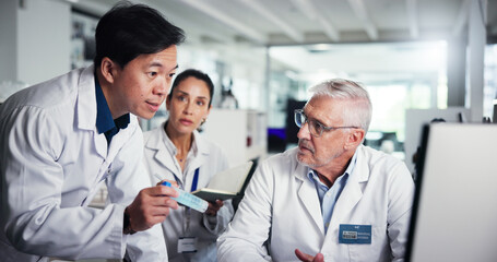 Aufkleber - Teamwork, scientist and chemistry with people in laboratory for healthcare, medical research or test results. Men, woman and study with biologist, computer and solution for pharmaceutical development