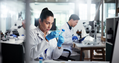 Poster - Woman, scientist and vial with chemical compound for medical research, exam or test results at lab. Female person, science or liquid sample for scientific trial, chemistry experiment or new study