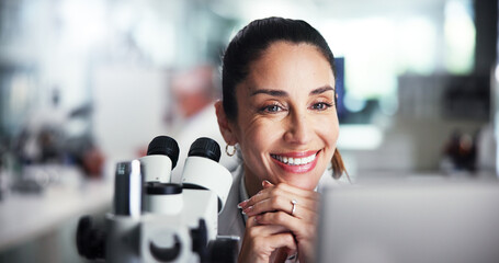 Poster - Computer, scientist and smile with woman with microscope for healthcare, medical research or test results. Tech, thinking or biologist breakthrough in clinical trial for pharmaceutical development
