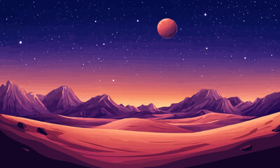 Wall Mural - distant planet landscape with desert terrain and starry sky