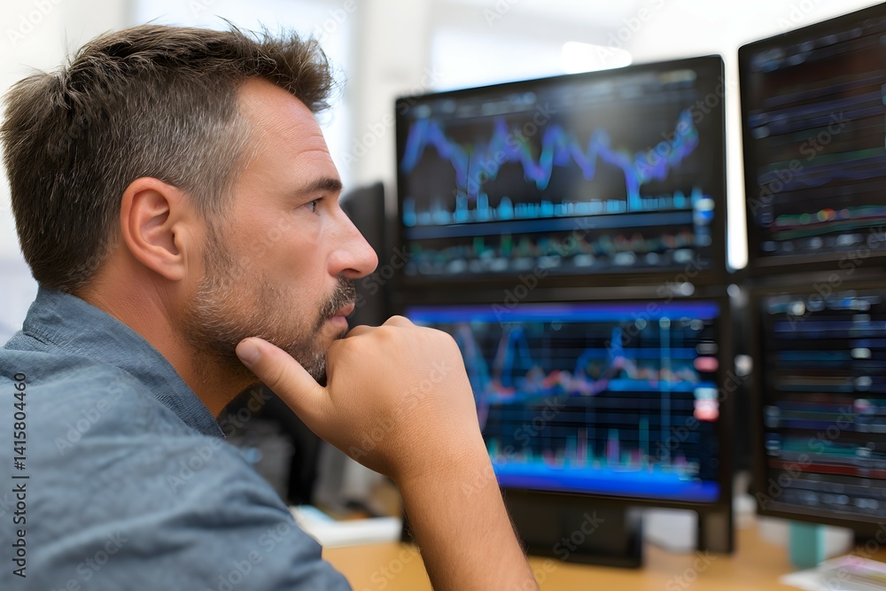 Focused trader observes multiple computer screens displaying stock market data.
