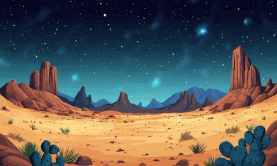 Wall Mural - distant planet landscape with desert terrain and starry sky