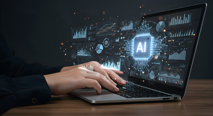 Professional workspace, business strategy, financial growth person typing on laptop with ai interface and data visualizations displayed on the screen in dark setting