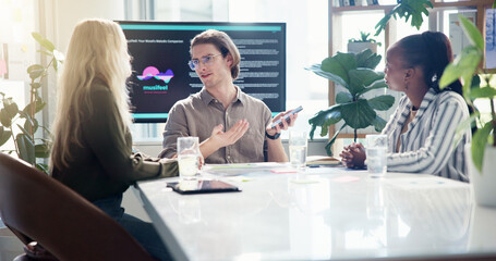 Poster - People, phone and discussion in meeting for presentation of application with software, inventors and clients. Man, smartphone and pitch business plan with proposal, vision and music app development