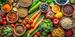 © Roman - Vibrant assortment of fresh fruits and vegetables displayed on a wooden table. Colorful ingredients include tomatoes, carrots, herbs, and spices showcasing healthy eating
