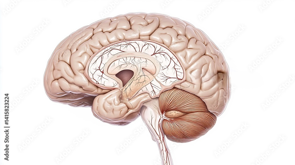 Anatomy of human brain with neural pathways labeled white background ...