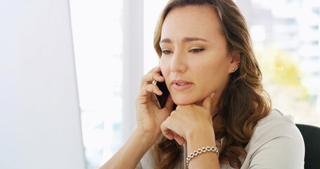 Poster - Phone call, business communication and woman by computer, negotiation or networking with mobile discussion. Contact, conversation and corporate deal with feedback, review email and pc in office