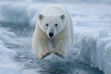 a magnificent polar bear leaping across icy water, showcasing its strength and agility in the arctic