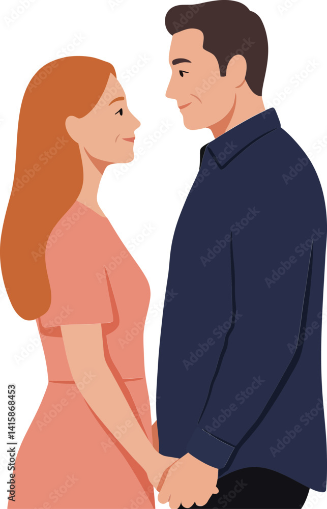 Young couple holding hands facing each other in simple flat design ...