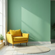 © Zorro2025 - Vibrant yellow accent armchair near green and mint color wall with copy space. Minimalist interior design of modern living room.