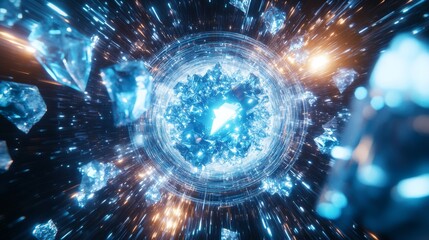 Leinwandbilder - Vibrant Crystals Soar Through a Futuristic Sci-Fi Portal, Illuminated by Blaster Light Effects and a Mesmerizing Holographic Backdrop