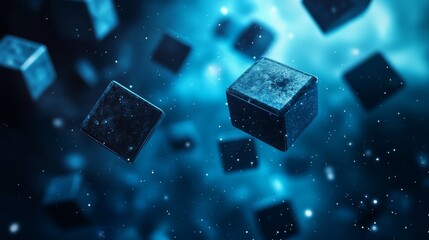Poster - Cubes Drift Through a Celestial Void, Illuminated by Cosmic Blues and Vibrant Specks of Light in a Boundless Dark Expanse, Evoking a Sense of Wonder and Mystery