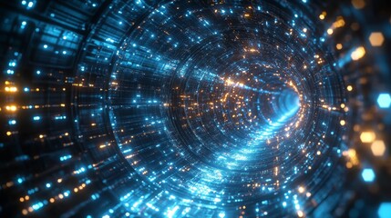 Leinwandbilder - Endless Journey Through a Mesmerizing Glowing Tunnel Filled With Sparkling Lights and Intricate Patterns