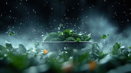 Wall Mural - a bowl of broccoli sits in a leafy area amidst rainfall