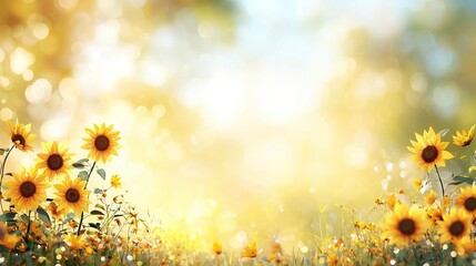 Wall Mural - a sunflower field with sunlight filtering through the trees, and a soft, hazy sky