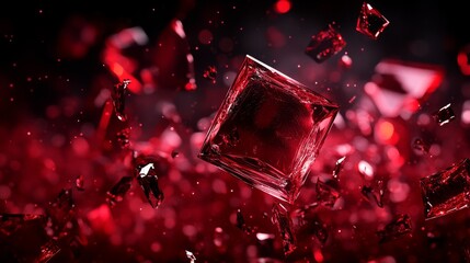 Poster - Intricate Dance of Shattered Red Glass Fragments Suspended in Ethereal Mist Against a Dark Backdrop