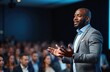 © Vadym - Black businessman gives presentation on stage at business conference. Speaker in suit interacts with audience, shares ideas. Pro speaker talking to the diverse group, workshop concept.