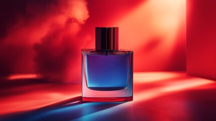 Poster - Enchanting Perfume Captured in Vivid Red and Blue Lighting, Showcasing Elegance and Allure in a Captivating Display of Color and Form
