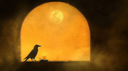 Wall Mural - a painting of a bird perched on a ledge with a candle in its foreground and a full moon behind it