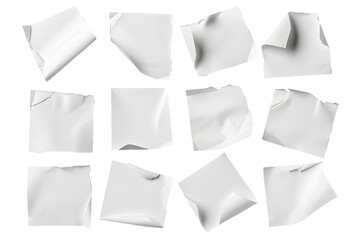 set of white torn ripped paper pieces sheets isolated on transparent background. png, cutout.
