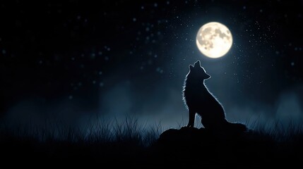 Wall Mural - a lone wolf rests on a rocky outcropping beneath a full moon, surrounded by a sea of shimmering star