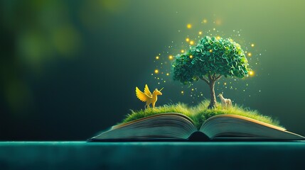 Wall Mural - an open book with a tree on its cover and a bird soaring from the book's spine