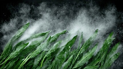 Wall Mural - a close-up of several green plants with water cascading from the top and bottom