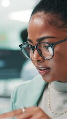 Fototapete - Woman, glasses and tablet with scroll in office, social media analytics or insights for digital marketing project research. Information, graphs or data with brand strategist, reflection and review