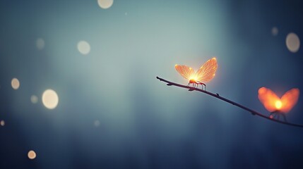 Wall Mural -   A butterfly perches atop a leaf on a twig, framed by a hazy backdrop of lights