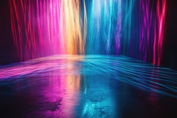 Wall Mural - neon lights illuminate a dark, reflective floor, creating a vibrant, colorful, and abstract scene.