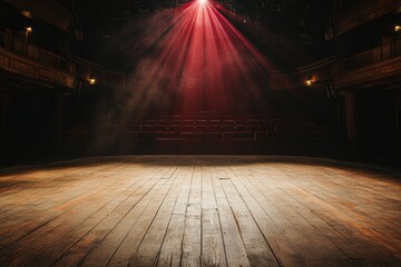 Empty theater stage with red spotlight illuminating wooden floor and rows of empty seats.