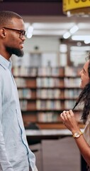 Poster - University, friends and conversation at school in library for research, college education or knowledge with books. Man, woman and students in campus for flirting, crush and studying for scholarship