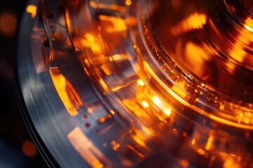 Wall Mural - abstract close-up of illuminated rotating circular mechanism, showcasing intricate details and warm 