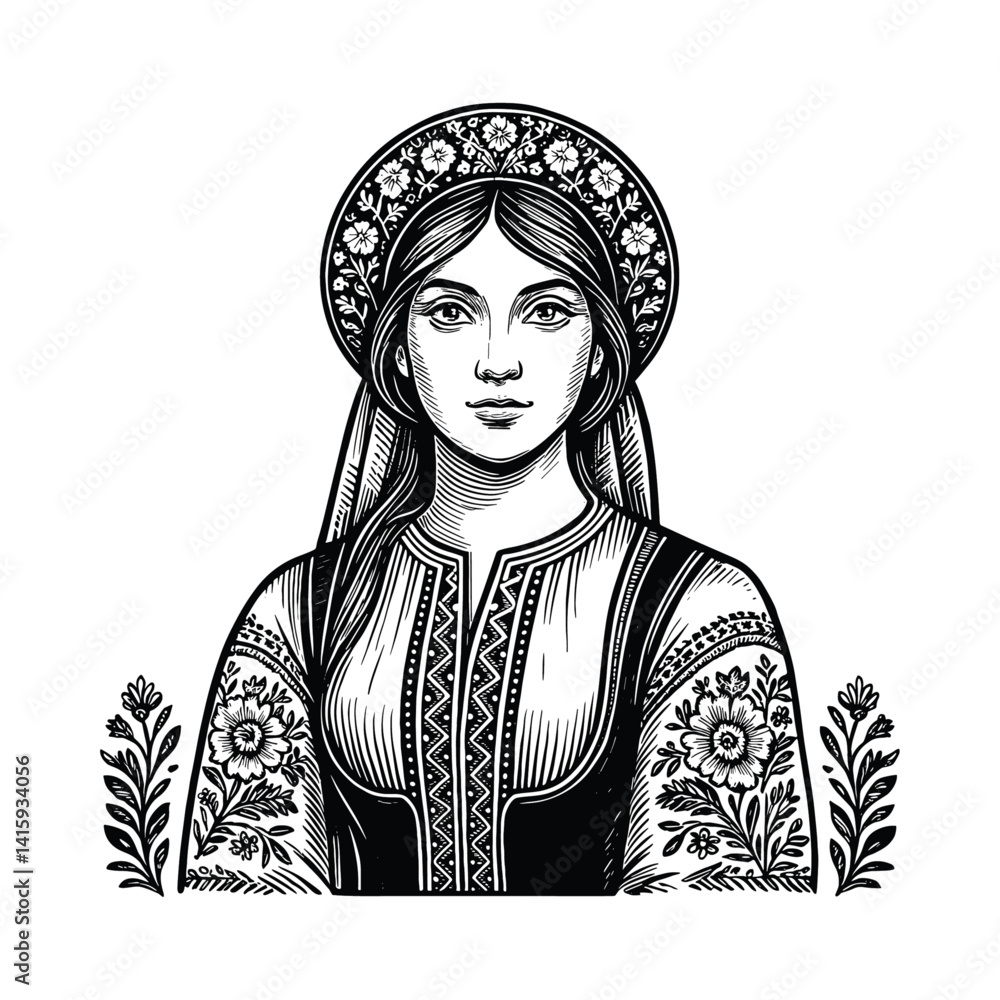 Hand-Drawn Illustration of a Woman in Traditional Floral Clothing, drawn in an engraved, woodcut style with fine details sketch engraving vector illustration. Scratch board imitation. Black and white