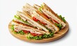 © Azkiya - Four grilled club sandwiches on wooden board, isolated white background, food photography for menus