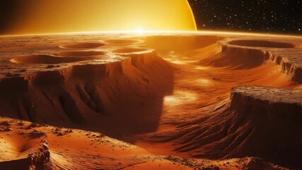 Wall Mural - beautiful depiction of mars with craters and a striking yellow sunset under a starry sky