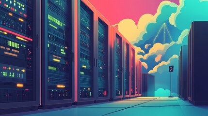 Data Center, web servers, service, internet connection, cloud servers with security. Flat Cartoon Vector Illustration, icon. Stylish abstract design