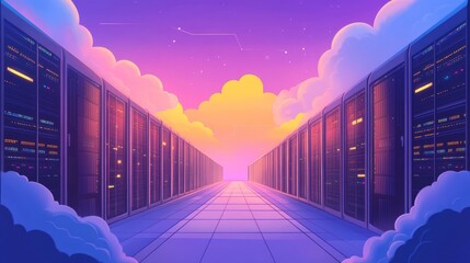 Data Center, web servers, service, internet connection, cloud servers with security. Flat Cartoon Vector Illustration, icon. Stylish abstract design